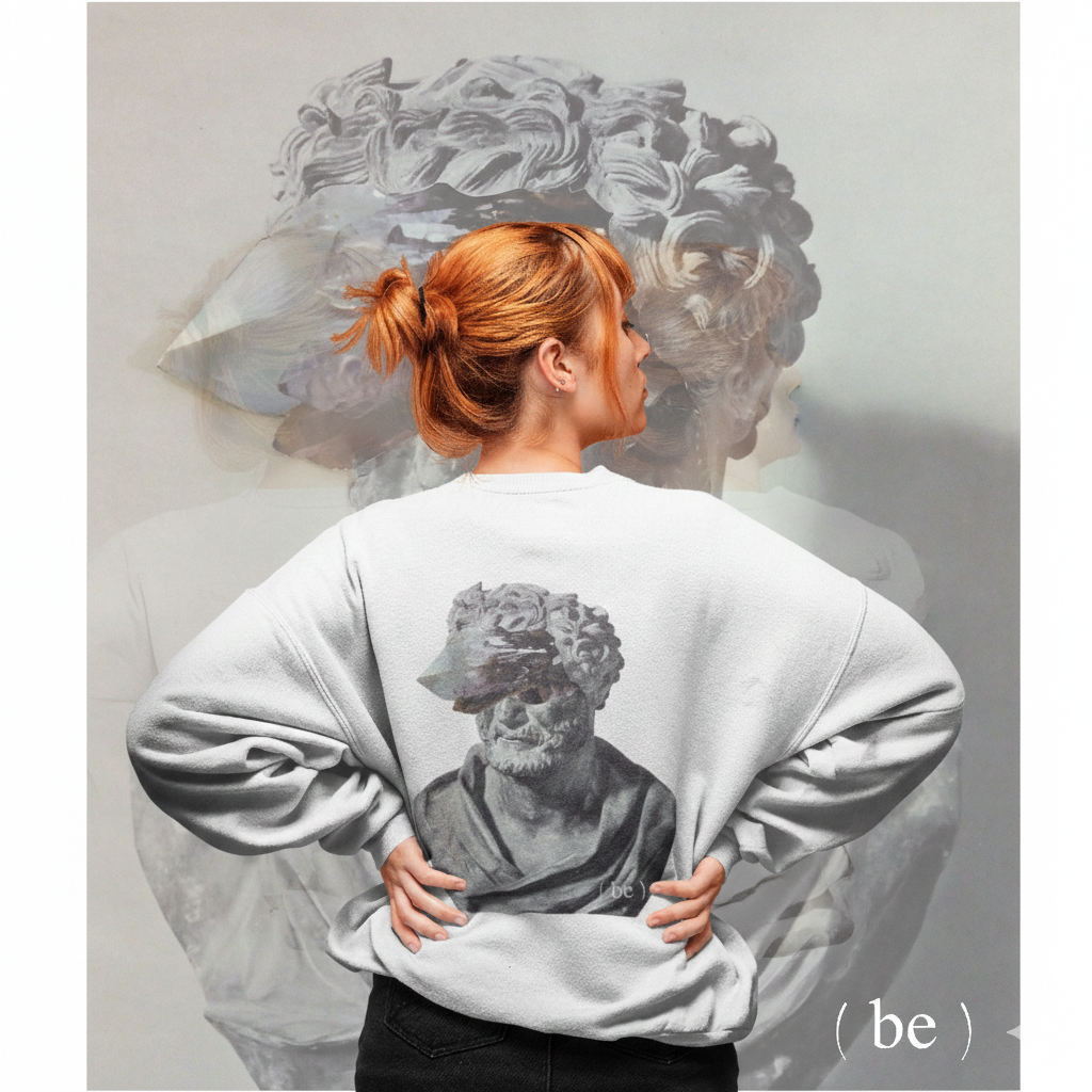 Persona vista de espaldas vistiendo una sudadera gris claro con el estampado de una estatua clásica, mirando hacia un fondo iridiscente que muestra la silueta de un gran busto clásico