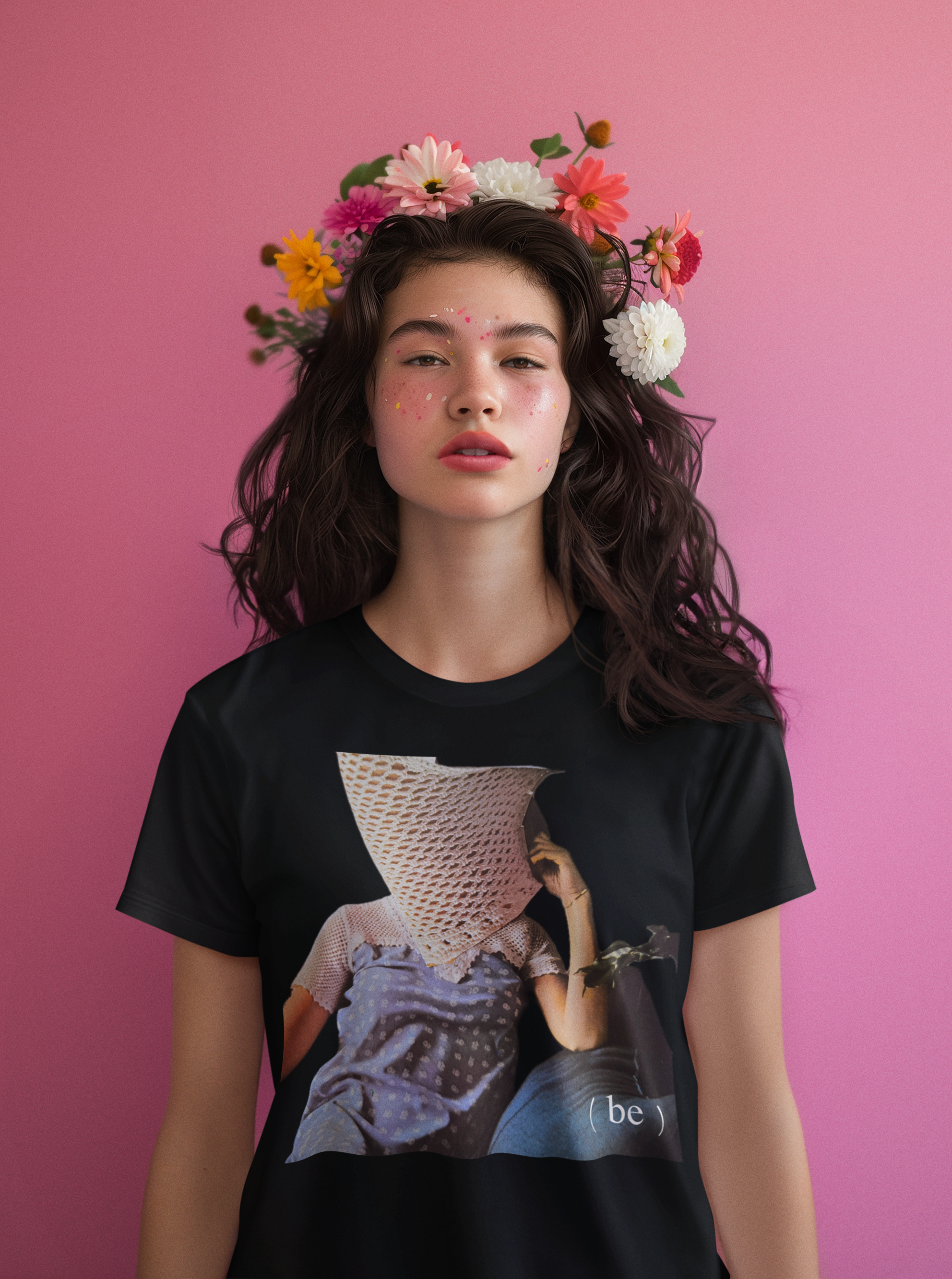 Mujer con flores en la cabeza vistiendo camiseta negra cuello redondo diseño Filament.