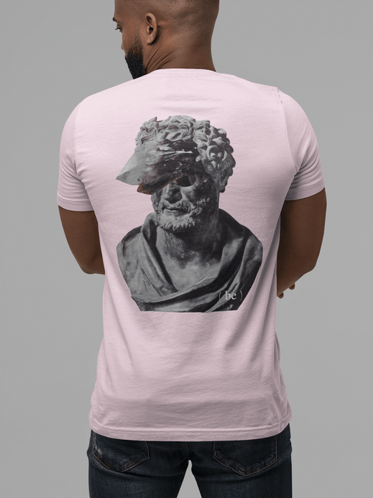 Camiseta rosa vista trasera con diseño de estatua clásica Thought explosion.